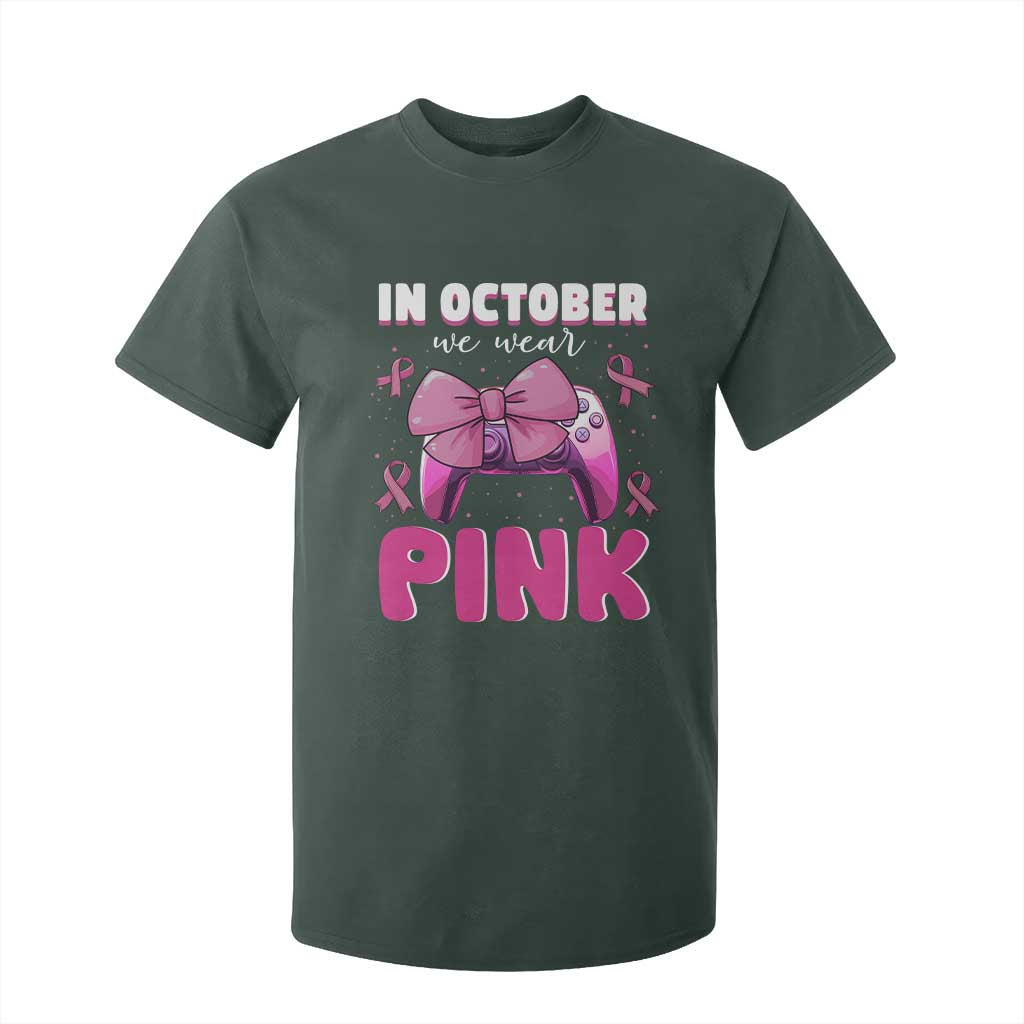 In October We Wear Pink T Shirt For Kid Breast Cancer Support Game Console Pink Bow