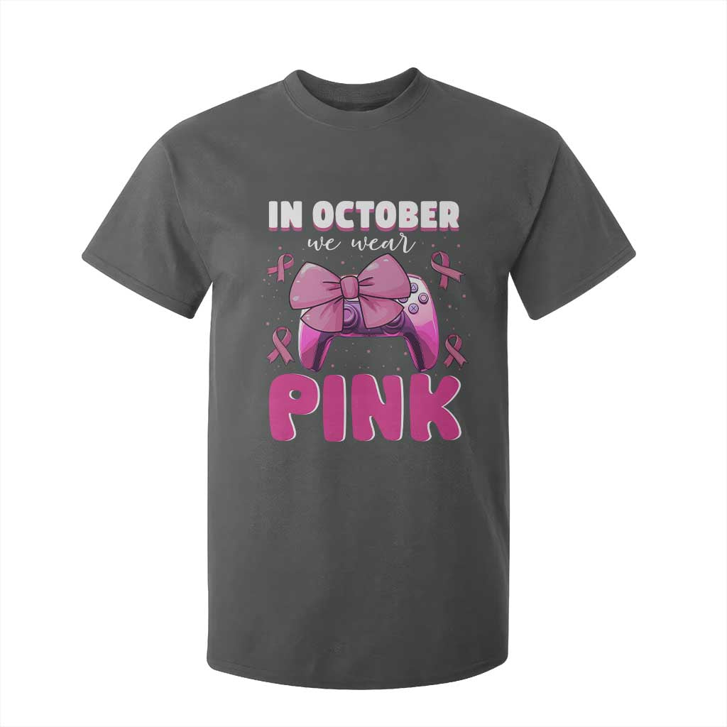 In October We Wear Pink T Shirt For Kid Breast Cancer Support Game Console Pink Bow