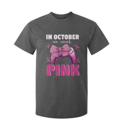 In October We Wear Pink T Shirt For Kid Breast Cancer Support Game Console Pink Bow