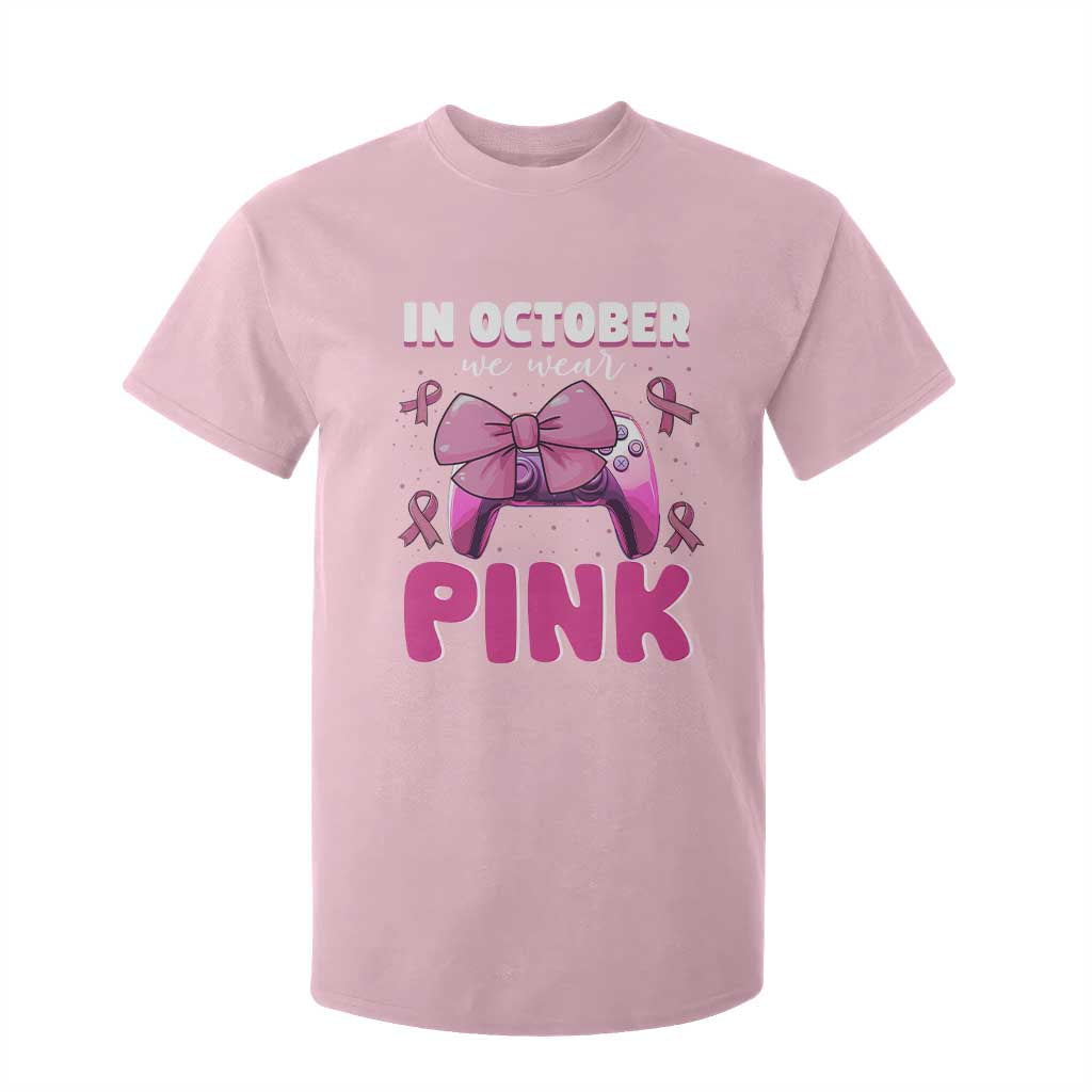In October We Wear Pink T Shirt For Kid Breast Cancer Support Game Console Pink Bow