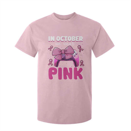 In October We Wear Pink T Shirt For Kid Breast Cancer Support Game Console Pink Bow