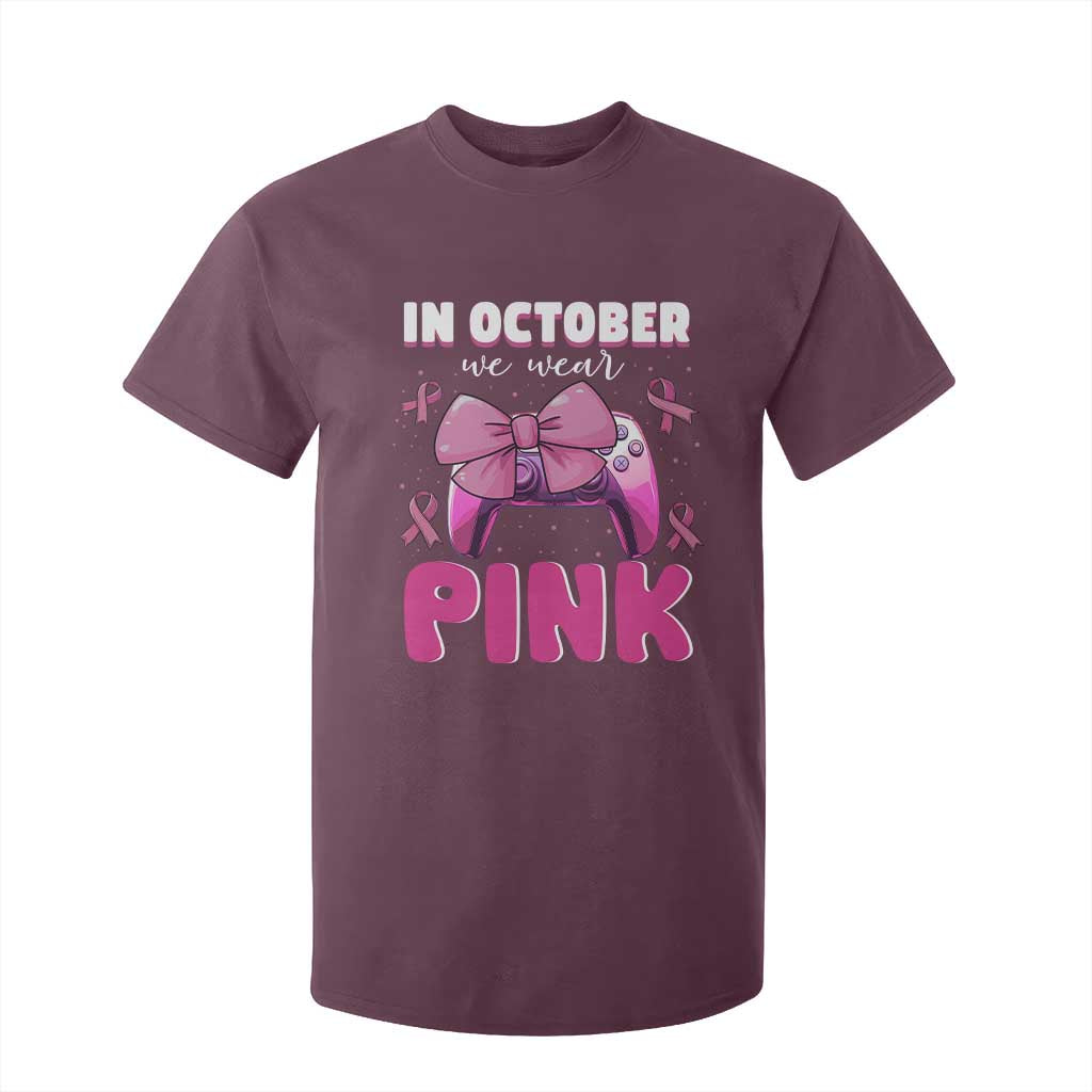 In October We Wear Pink T Shirt For Kid Breast Cancer Support Game Console Pink Bow
