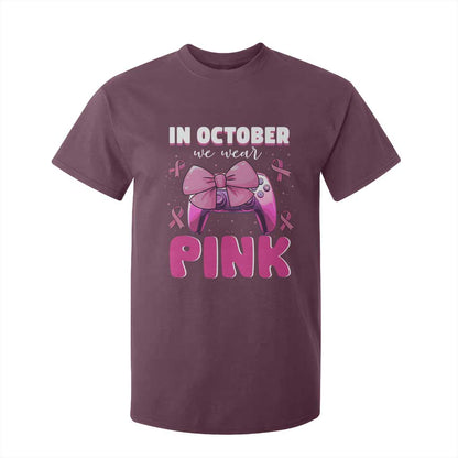 In October We Wear Pink T Shirt For Kid Breast Cancer Support Game Console Pink Bow