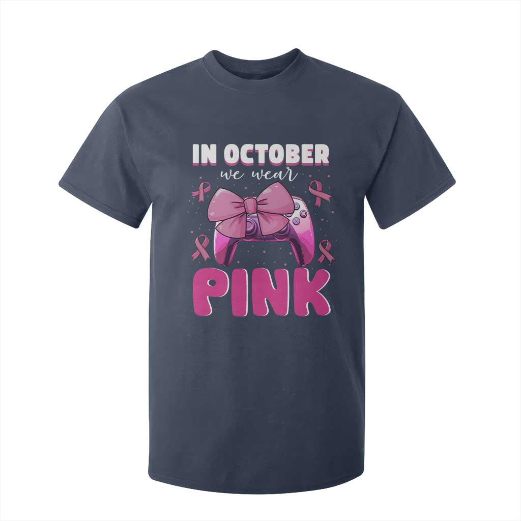 In October We Wear Pink T Shirt For Kid Breast Cancer Support Game Console Pink Bow