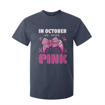 In October We Wear Pink T Shirt For Kid Breast Cancer Support Game Console Pink Bow