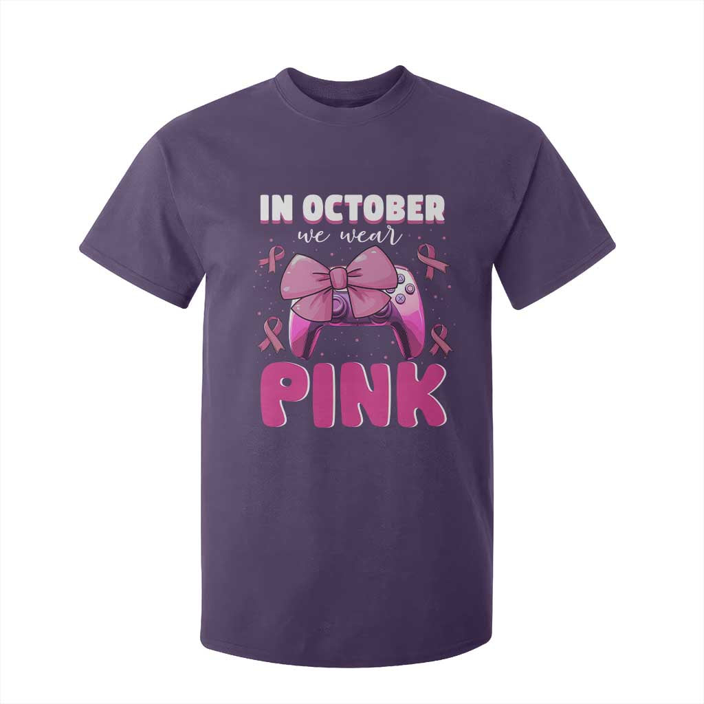 In October We Wear Pink T Shirt For Kid Breast Cancer Support Game Console Pink Bow