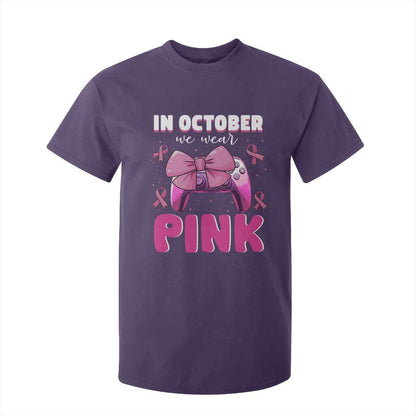 In October We Wear Pink T Shirt For Kid Breast Cancer Support Game Console Pink Bow
