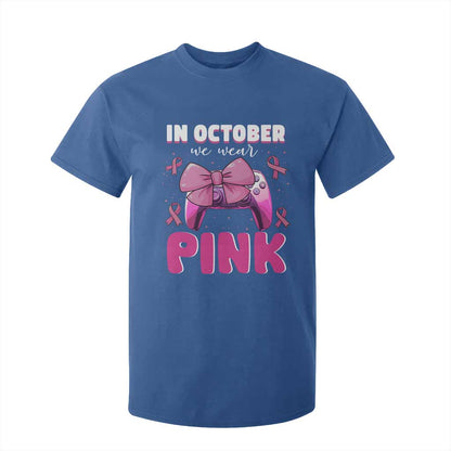 In October We Wear Pink T Shirt For Kid Breast Cancer Support Game Console Pink Bow