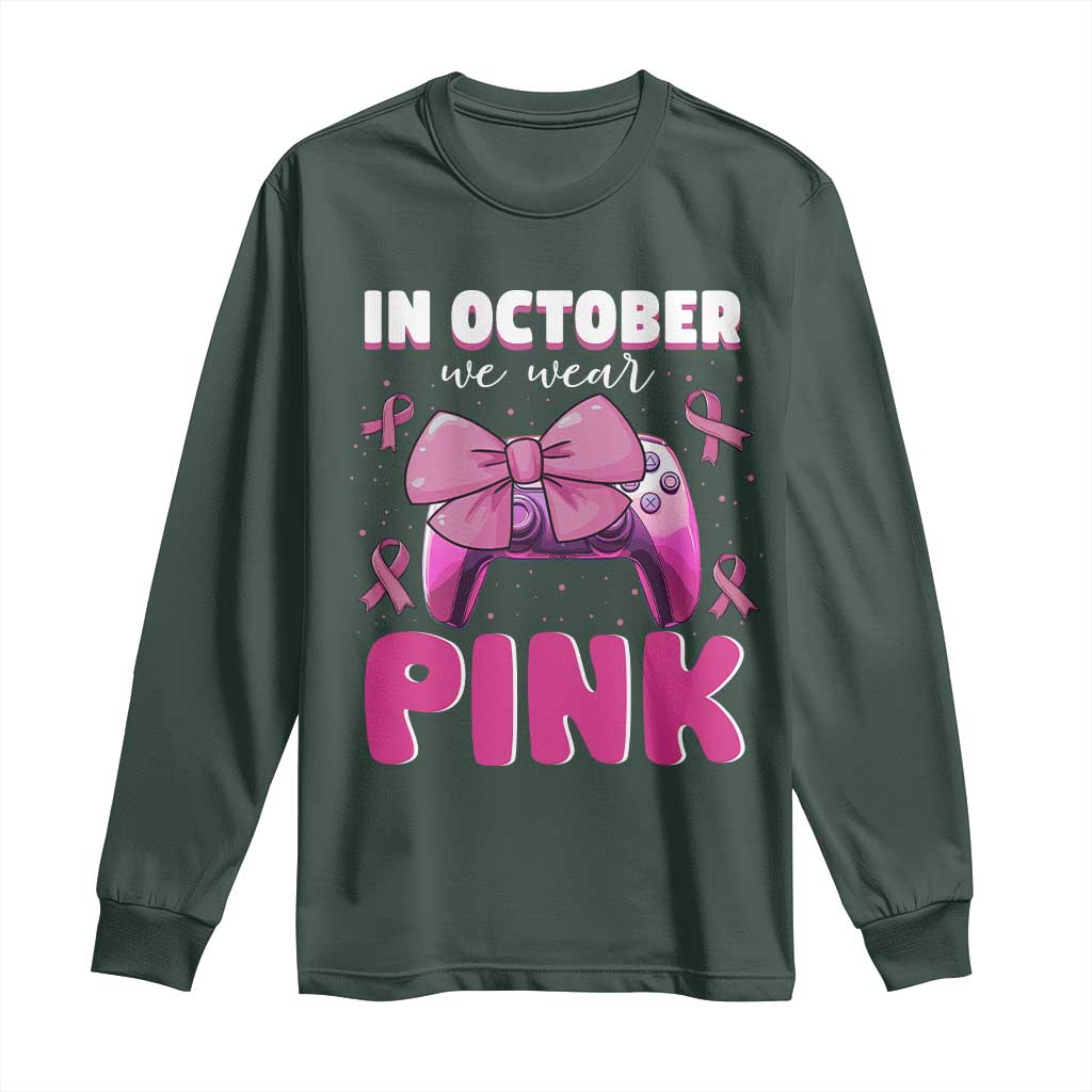 In October We Wear Pink Long Sleeve Shirt Breast Cancer Support Game Console Pink Bow