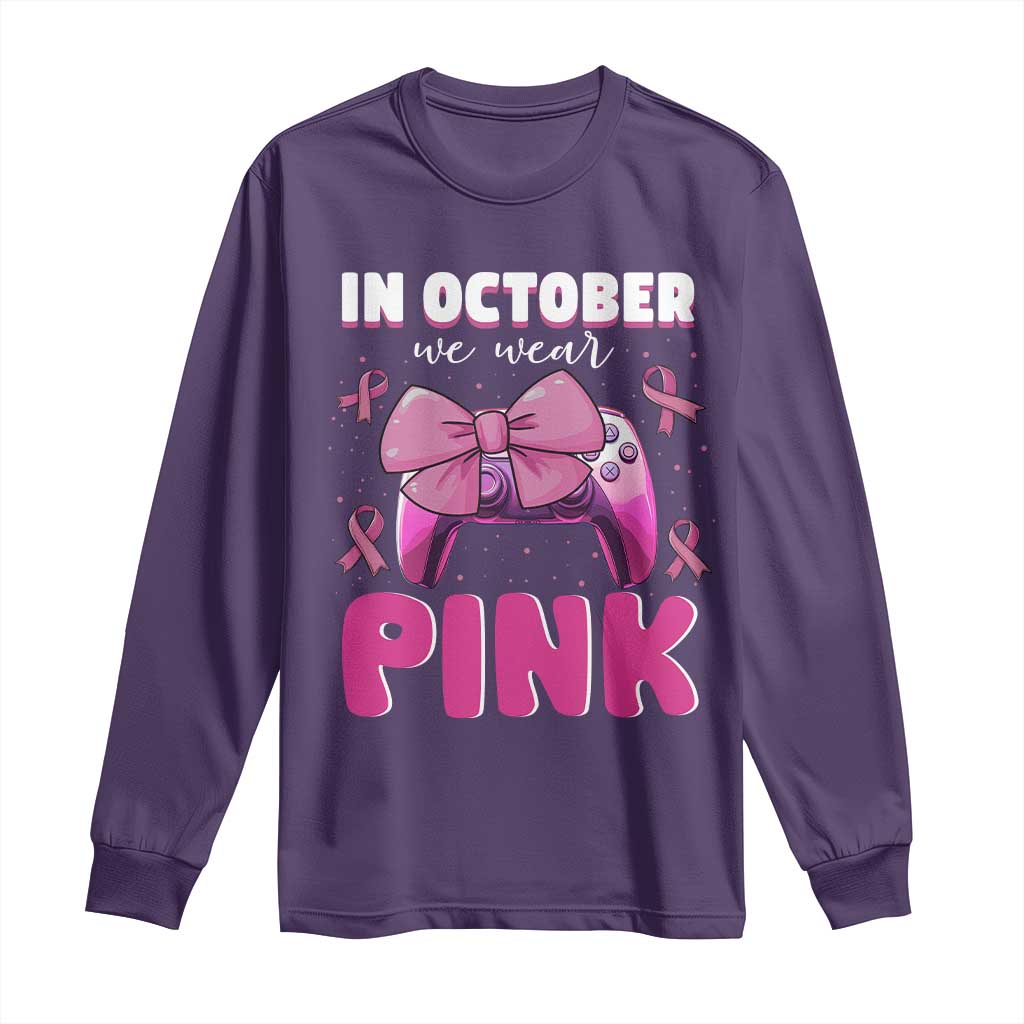 In October We Wear Pink Long Sleeve Shirt Breast Cancer Support Game Console Pink Bow