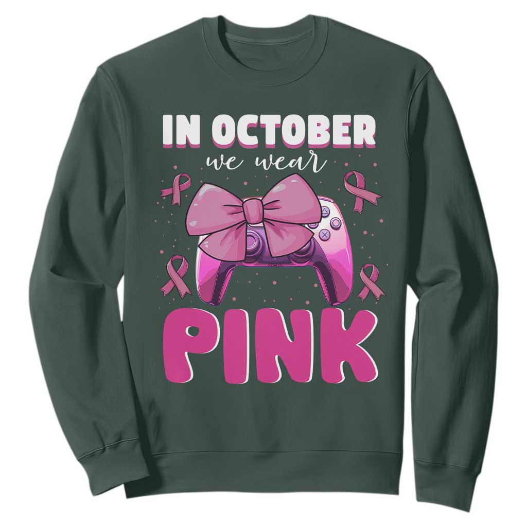 In October We Wear Pink Sweatshirt Breast Cancer Support Game Console Pink Bow