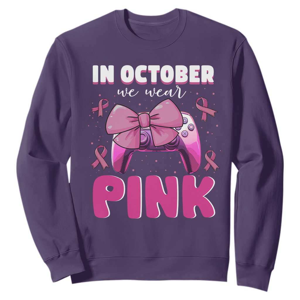 In October We Wear Pink Sweatshirt Breast Cancer Support Game Console Pink Bow