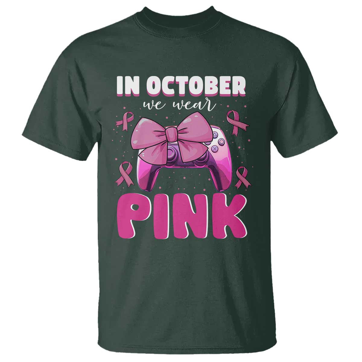 In October We Wear Pink T Shirt Breast Cancer Support Game Console Pink Bow