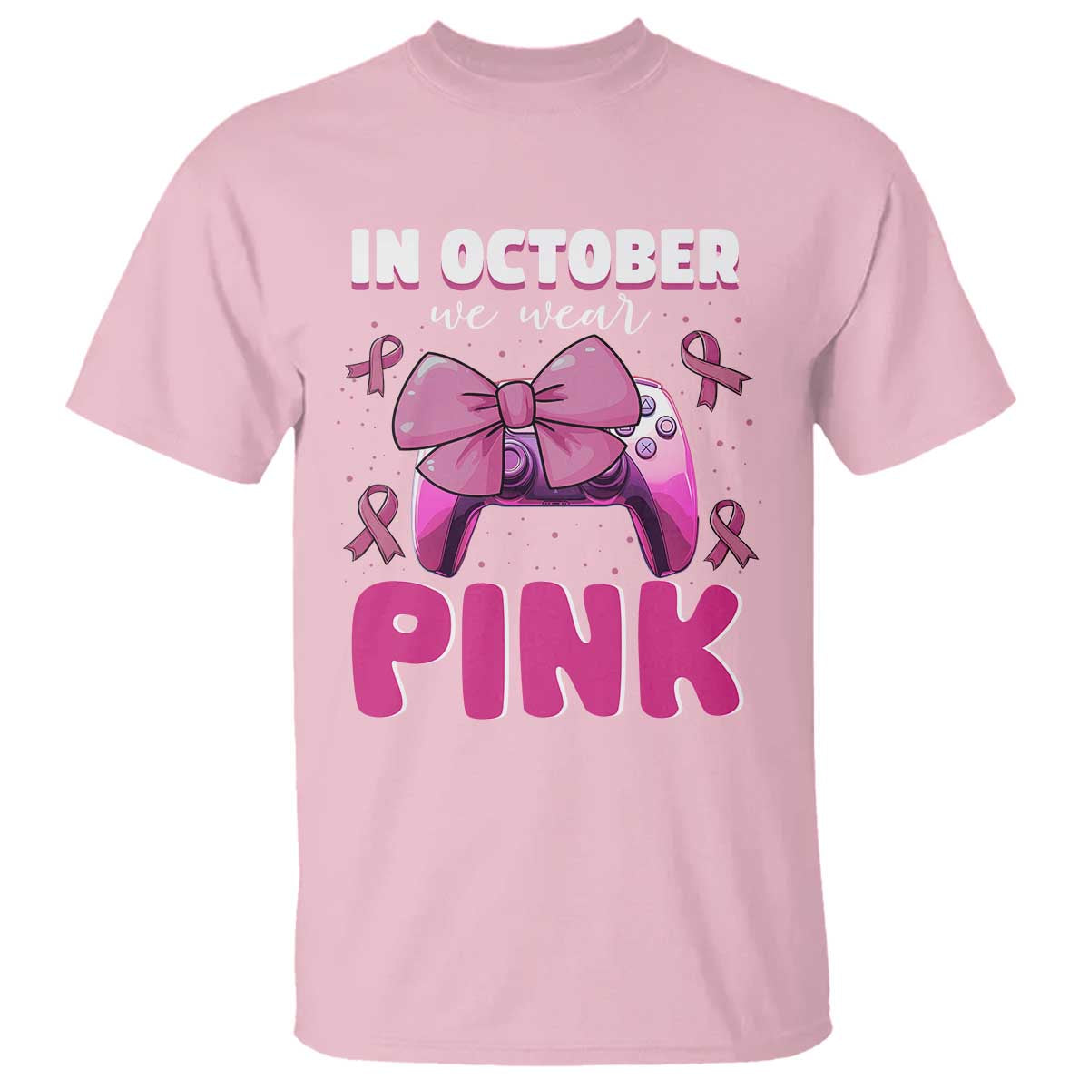 In October We Wear Pink T Shirt Breast Cancer Support Game Console Pink Bow