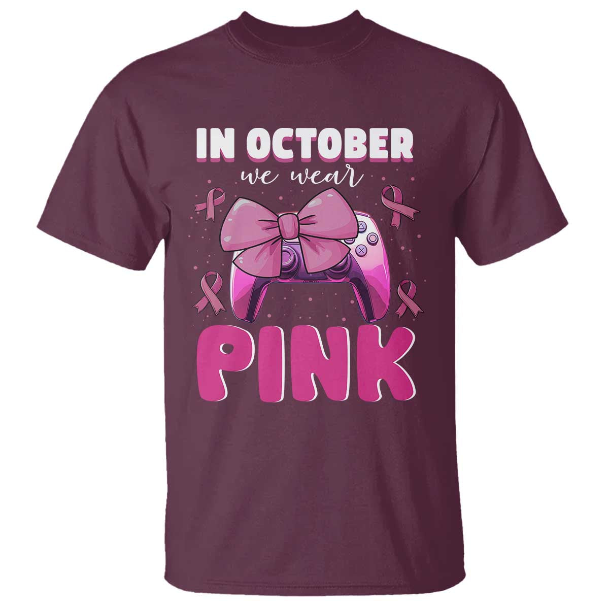 In October We Wear Pink T Shirt Breast Cancer Support Game Console Pink Bow