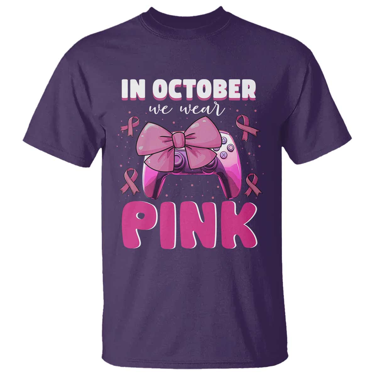 In October We Wear Pink T Shirt Breast Cancer Support Game Console Pink Bow