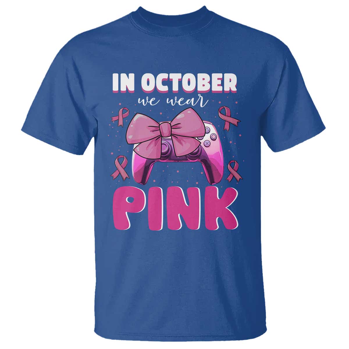 In October We Wear Pink T Shirt Breast Cancer Support Game Console Pink Bow