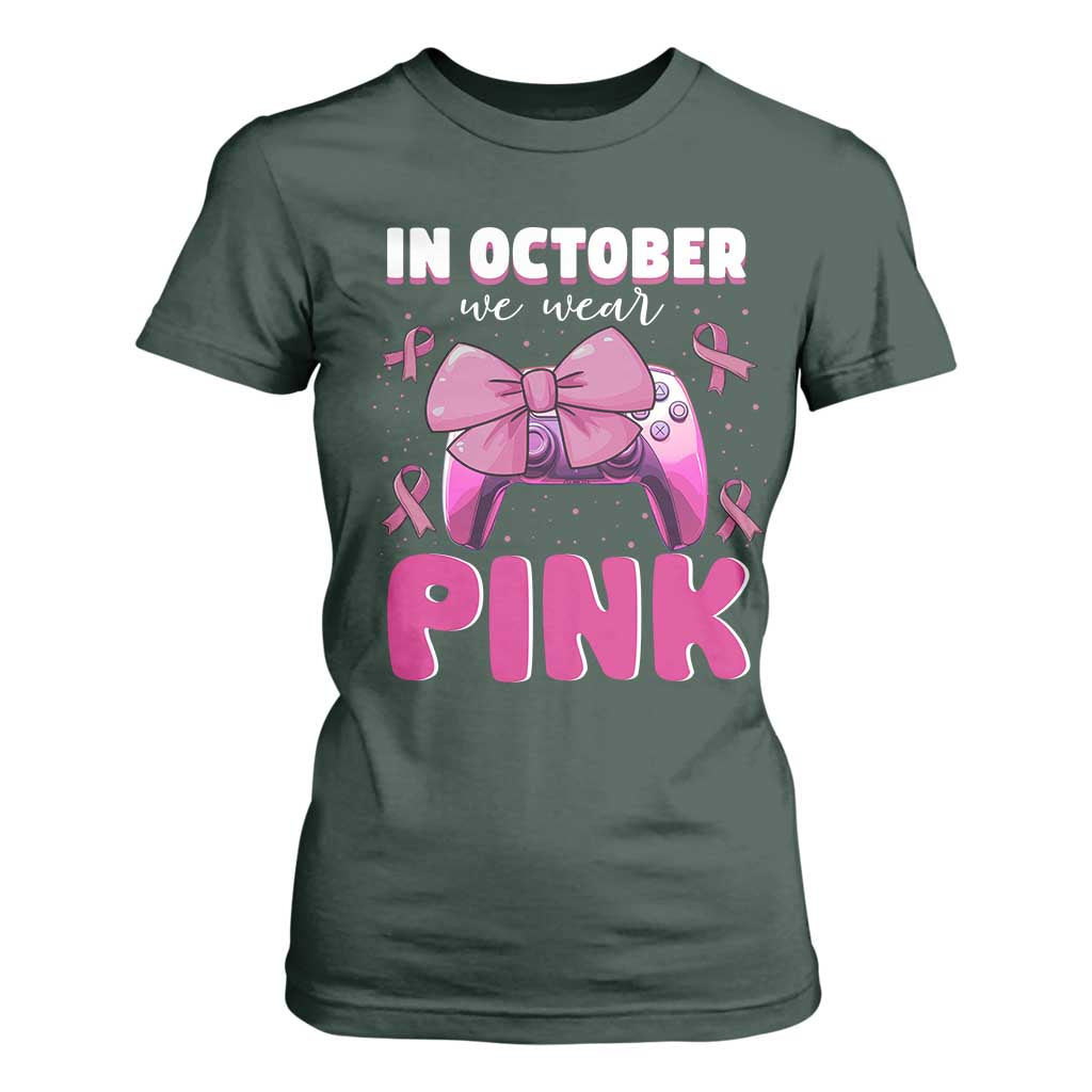 In October We Wear Pink T Shirt For Women Breast Cancer Support Game Console Pink Bow
