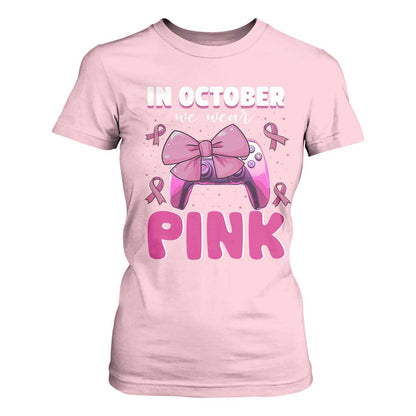 In October We Wear Pink T Shirt For Women Breast Cancer Support Game Console Pink Bow