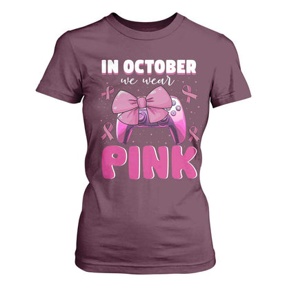 In October We Wear Pink T Shirt For Women Breast Cancer Support Game Console Pink Bow