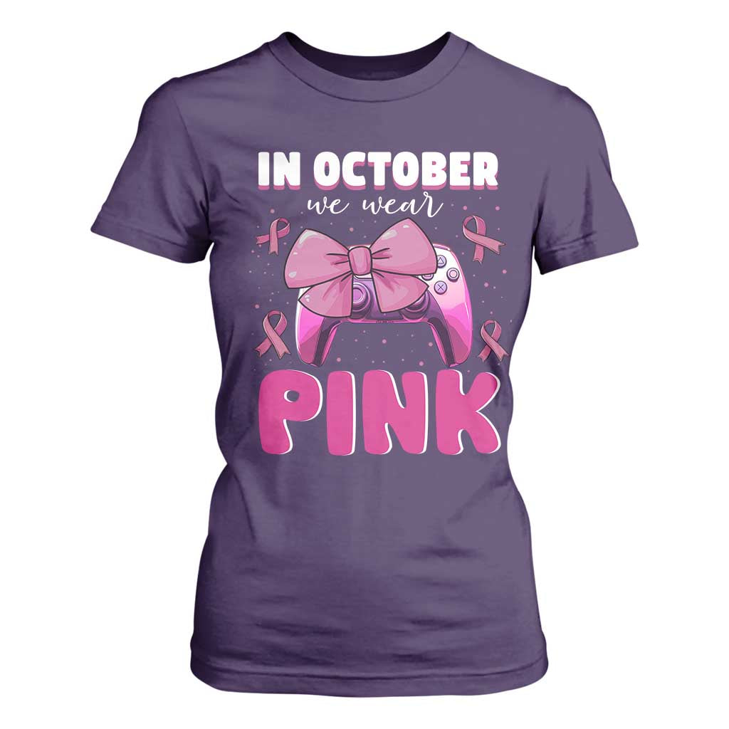 In October We Wear Pink T Shirt For Women Breast Cancer Support Game Console Pink Bow