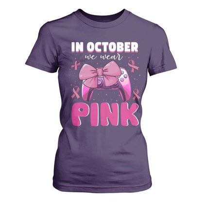 In October We Wear Pink T Shirt For Women Breast Cancer Support Game Console Pink Bow