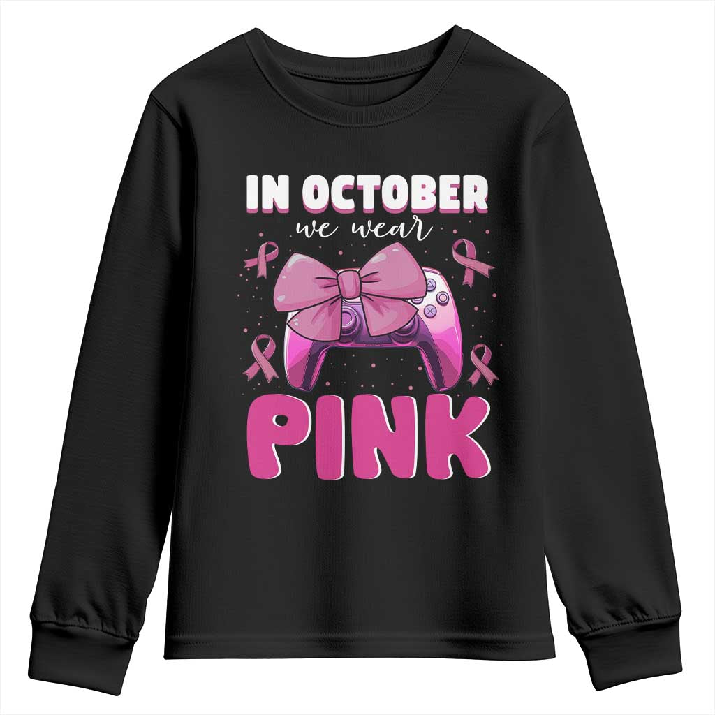 In October We Wear Pink Youth Sweatshirt Breast Cancer Support Game Console Pink Bow