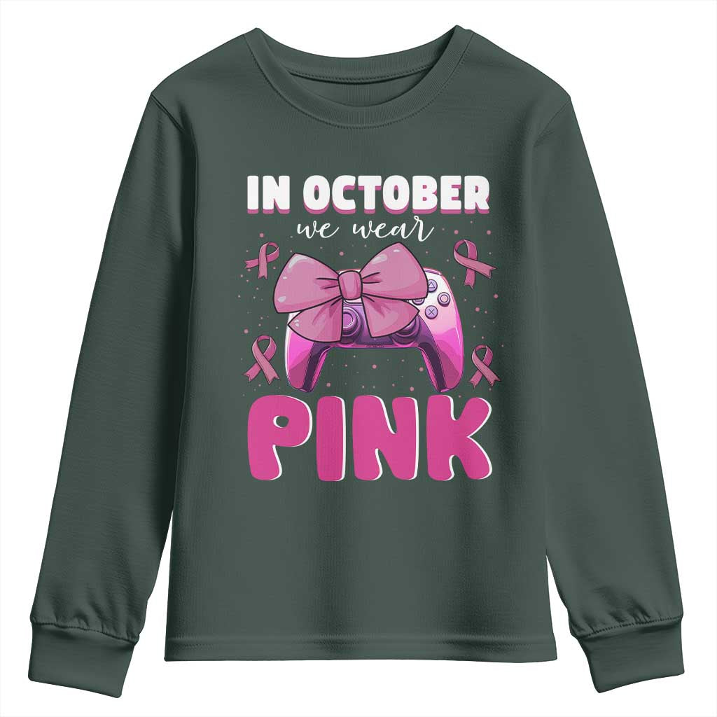 In October We Wear Pink Youth Sweatshirt Breast Cancer Support Game Console Pink Bow