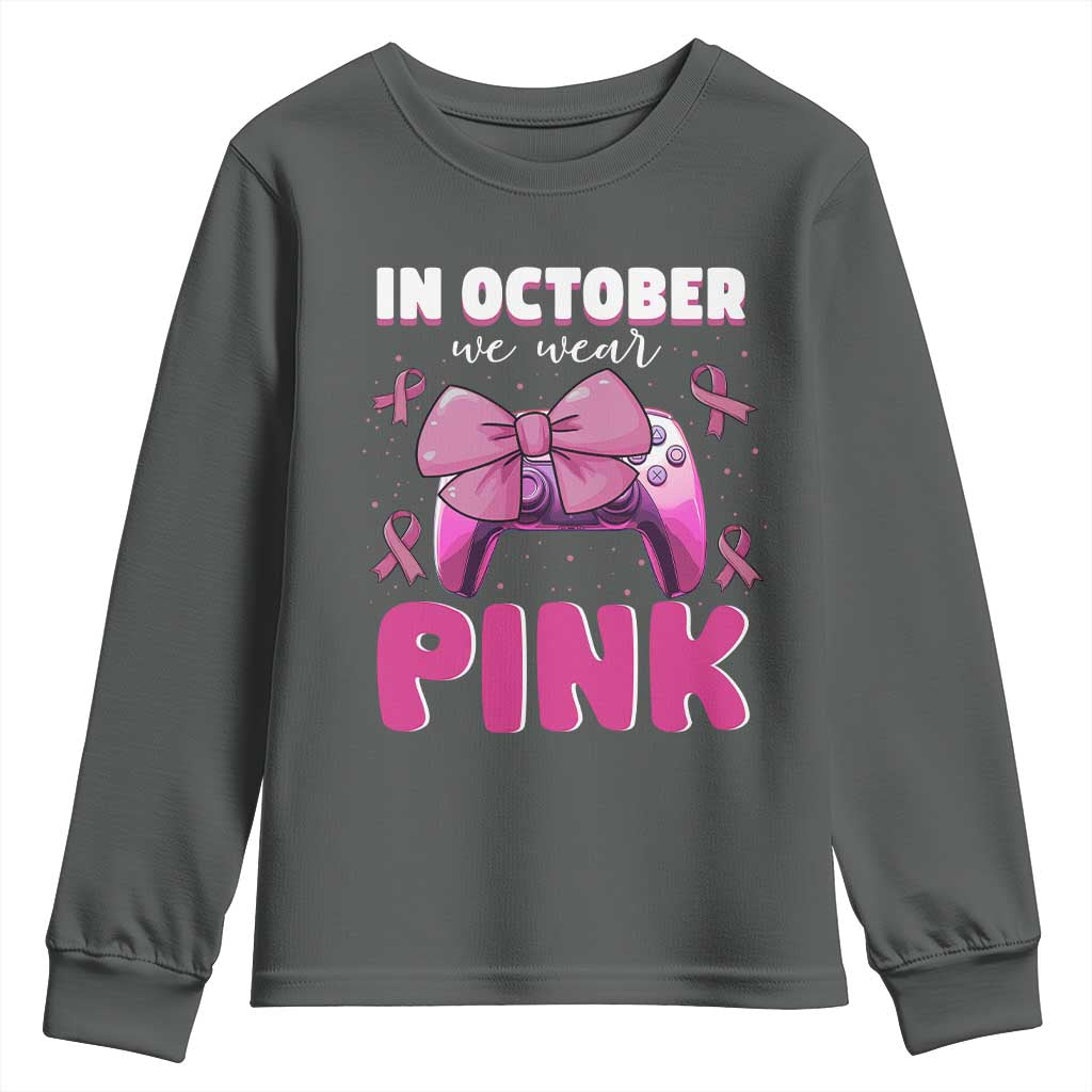 In October We Wear Pink Youth Sweatshirt Breast Cancer Support Game Console Pink Bow