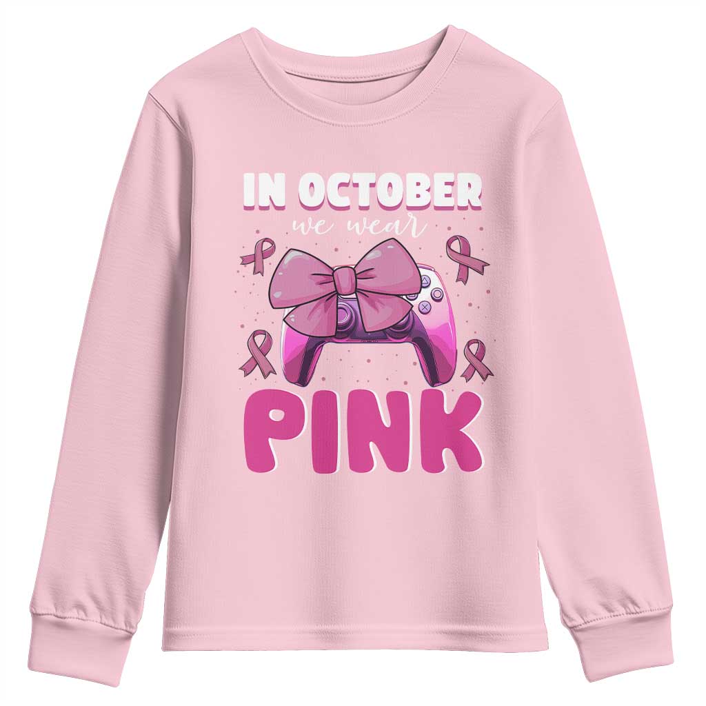In October We Wear Pink Youth Sweatshirt Breast Cancer Support Game Console Pink Bow
