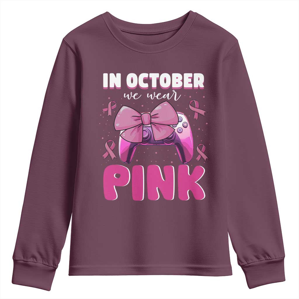 In October We Wear Pink Youth Sweatshirt Breast Cancer Support Game Console Pink Bow