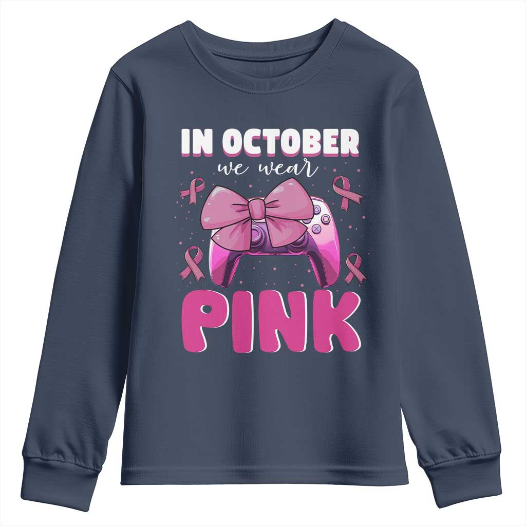 In October We Wear Pink Youth Sweatshirt Breast Cancer Support Game Console Pink Bow