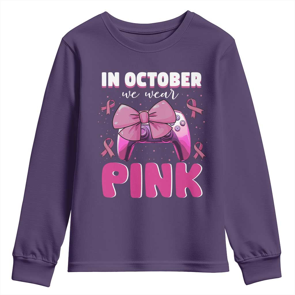 In October We Wear Pink Youth Sweatshirt Breast Cancer Support Game Console Pink Bow