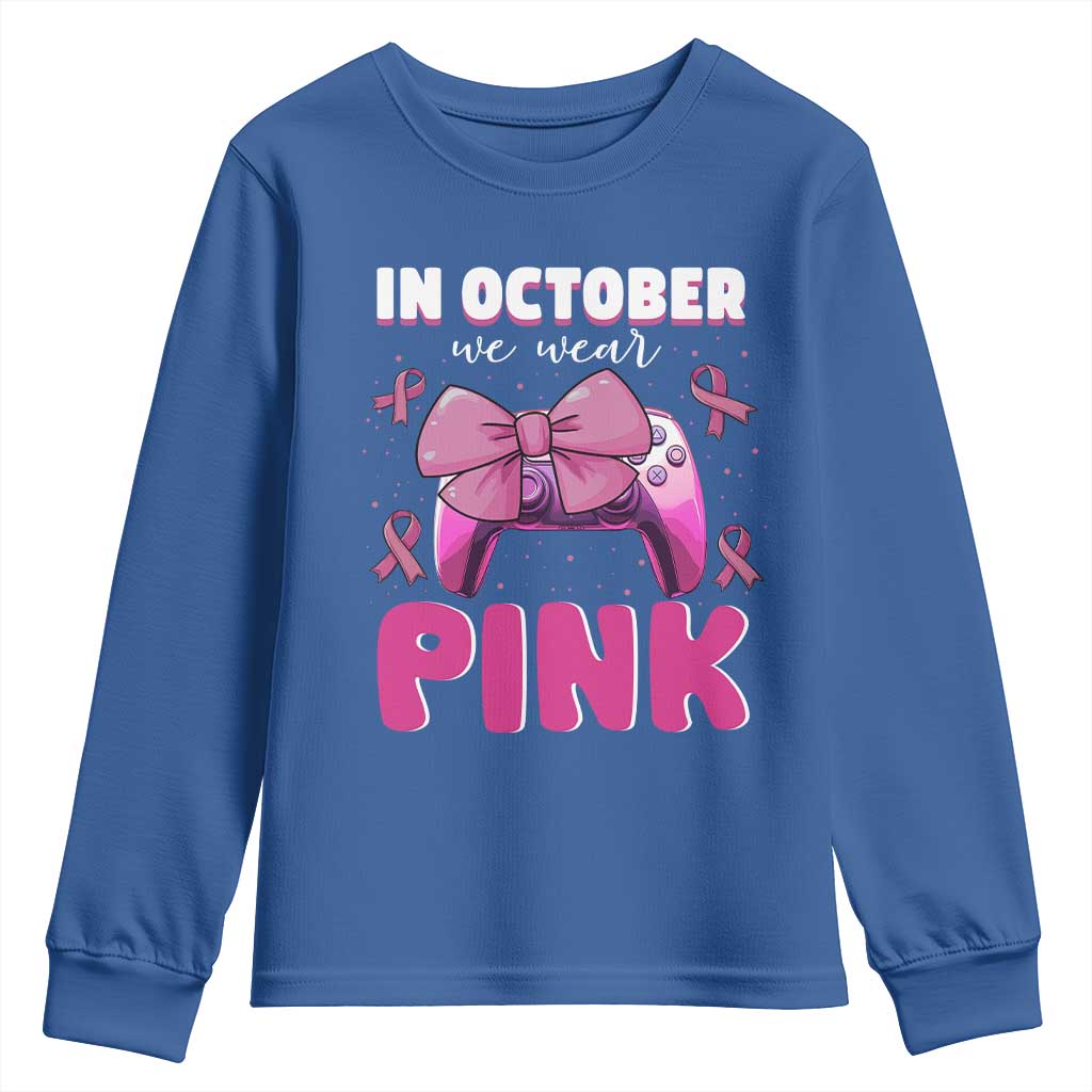 In October We Wear Pink Youth Sweatshirt Breast Cancer Support Game Console Pink Bow