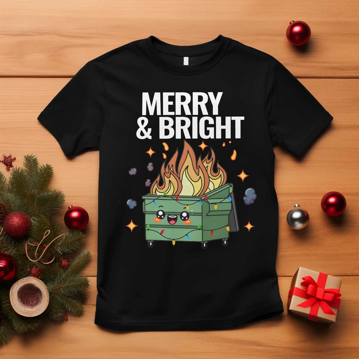 funny-lil-fire-dumpster-christmas-t-shirt-merry-and-bright-xmas-led-lights