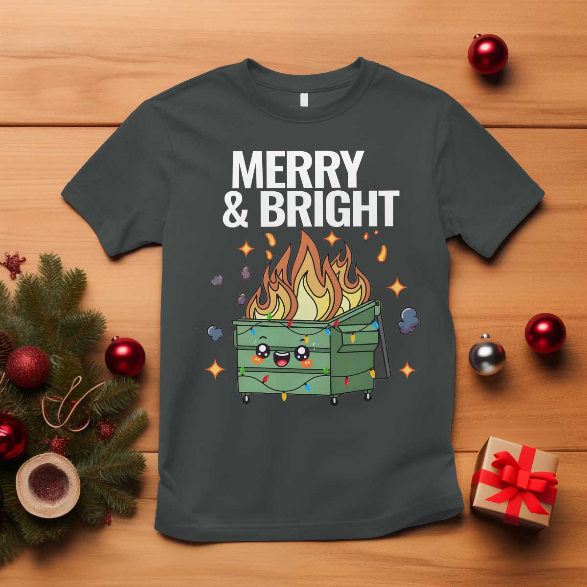 funny-lil-fire-dumpster-christmas-t-shirt-merry-and-bright-xmas-led-lights