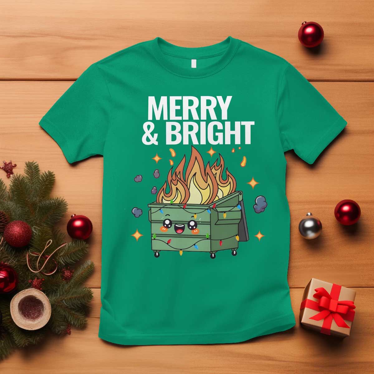 funny-lil-fire-dumpster-christmas-t-shirt-merry-and-bright-xmas-led-lights
