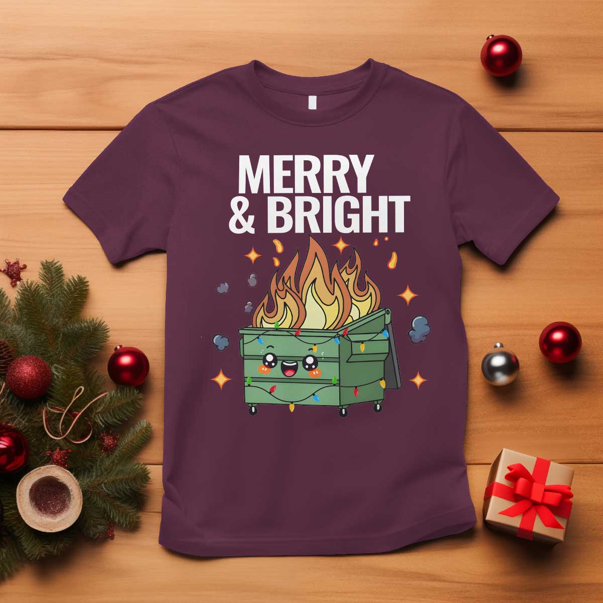 funny-lil-fire-dumpster-christmas-t-shirt-merry-and-bright-xmas-led-lights