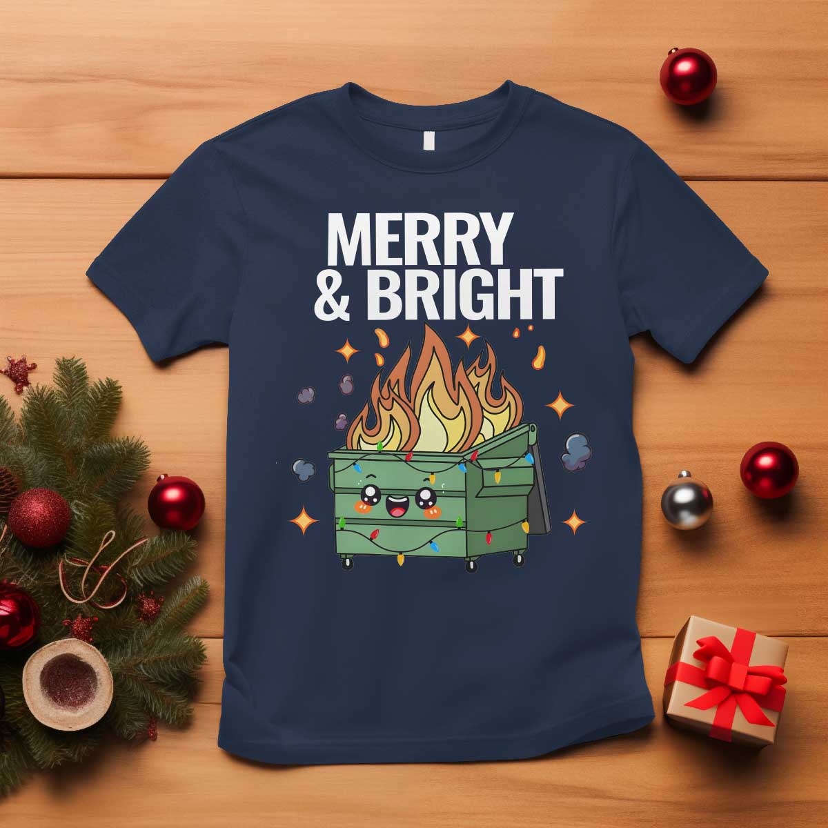 funny-lil-fire-dumpster-christmas-t-shirt-merry-and-bright-xmas-led-lights
