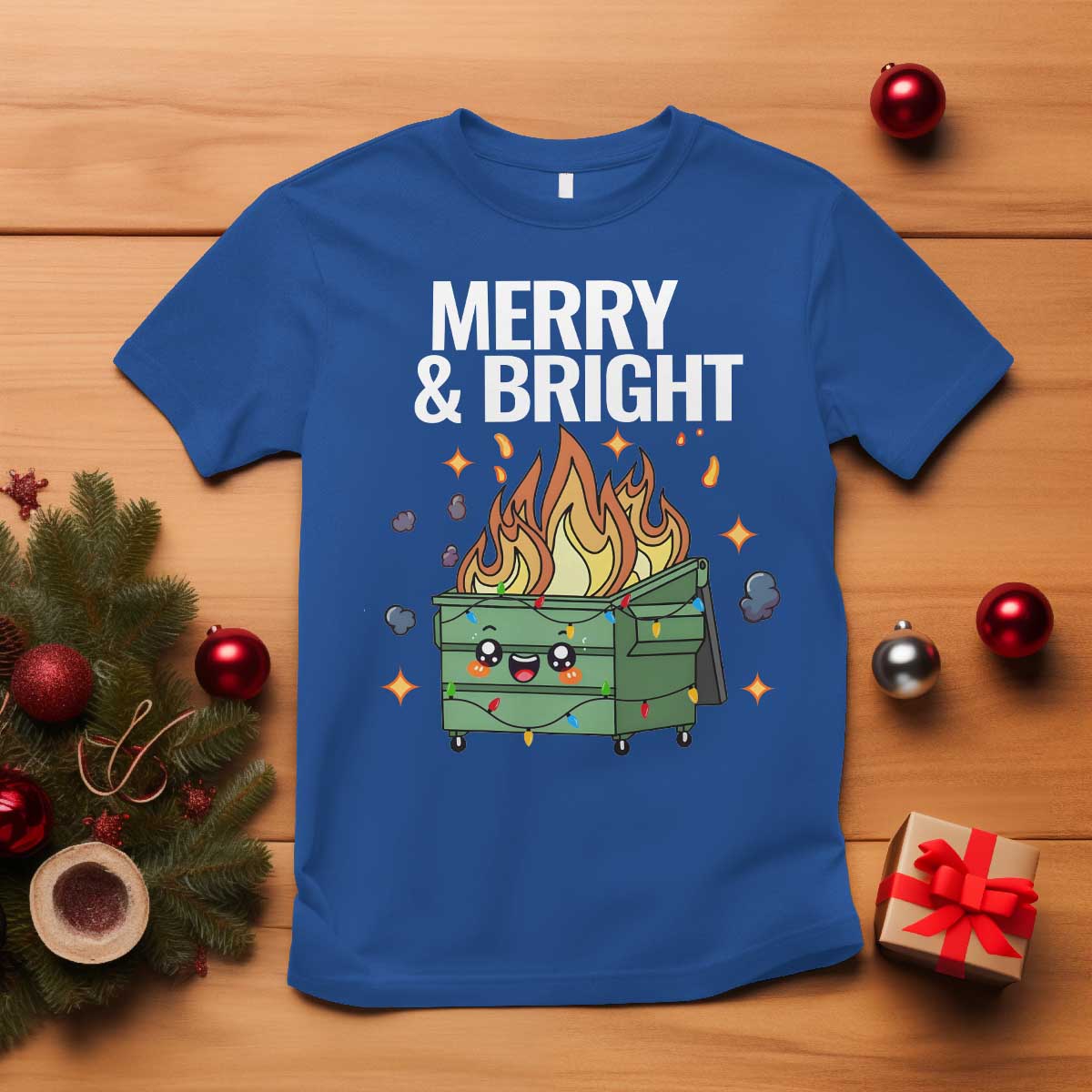 funny-lil-fire-dumpster-christmas-t-shirt-merry-and-bright-xmas-led-lights