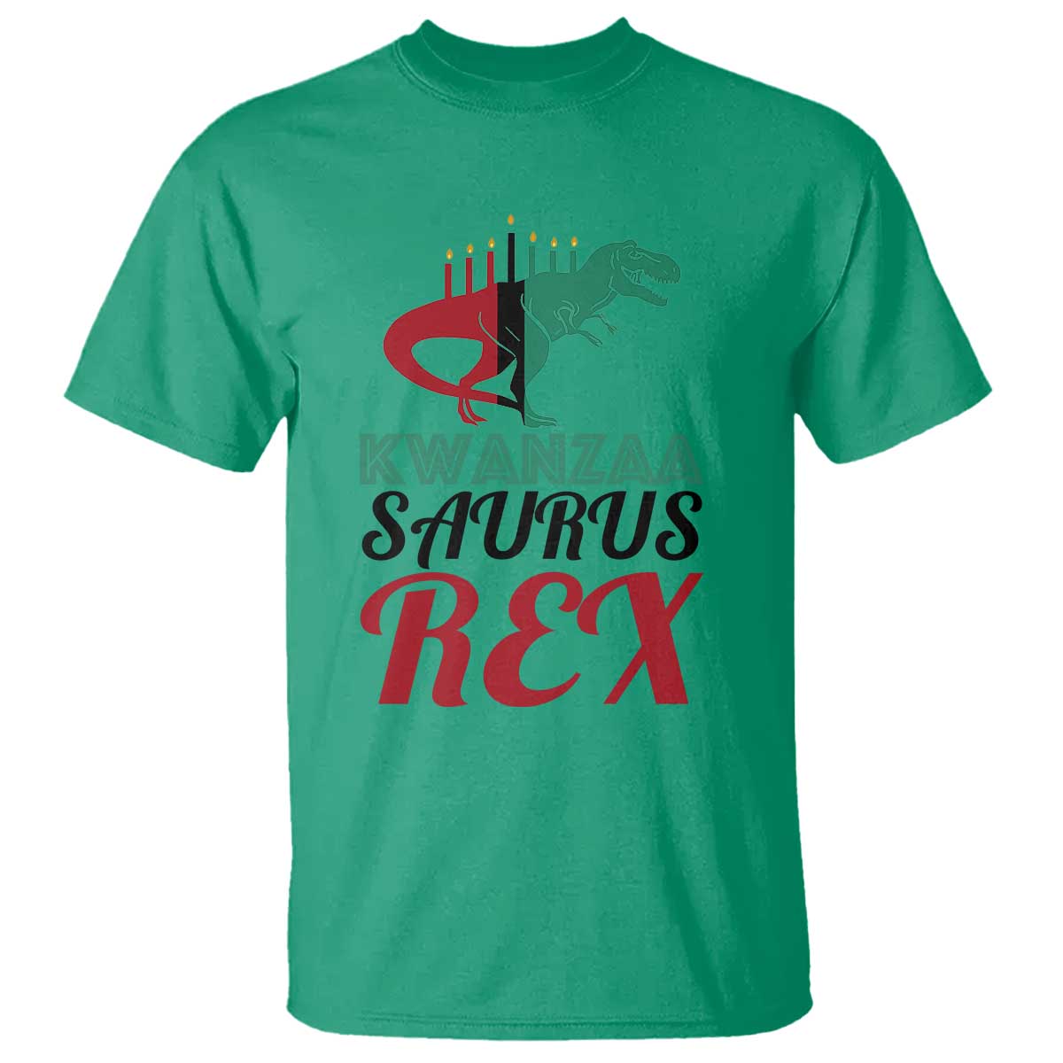 kwanzaa-saurus-rex-kinara-candles-dinosaur-t-rex-african-heritage-t-shirt
