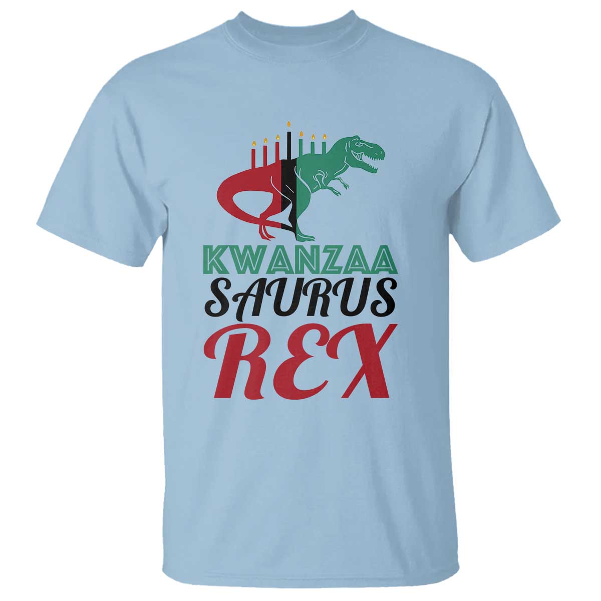 kwanzaa-saurus-rex-kinara-candles-dinosaur-t-rex-african-heritage-t-shirt