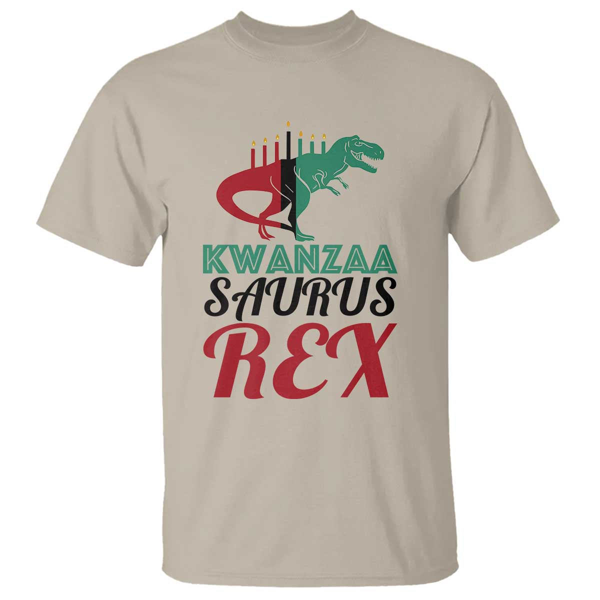 kwanzaa-saurus-rex-kinara-candles-dinosaur-t-rex-african-heritage-t-shirt