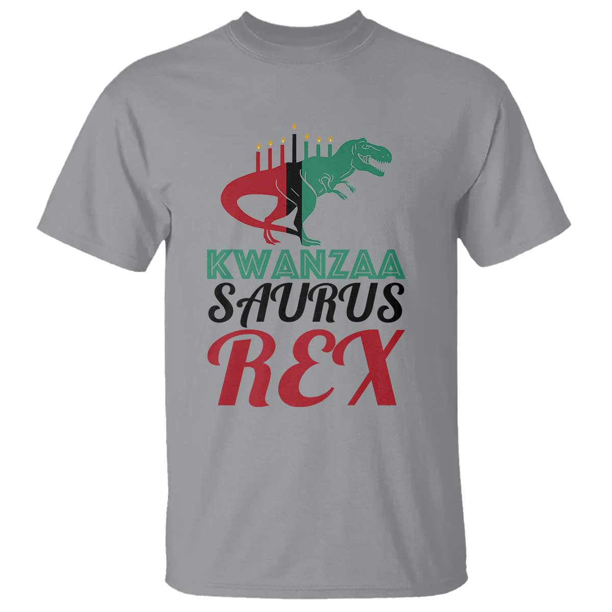 kwanzaa-saurus-rex-kinara-candles-dinosaur-t-rex-african-heritage-t-shirt