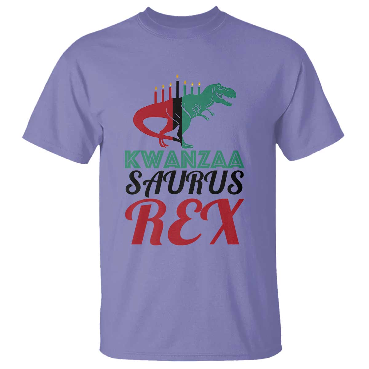 kwanzaa-saurus-rex-kinara-candles-dinosaur-t-rex-african-heritage-t-shirt