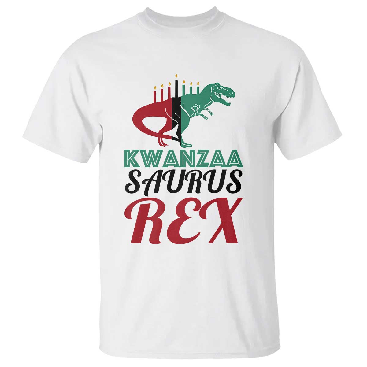 kwanzaa-saurus-rex-kinara-candles-dinosaur-t-rex-african-heritage-t-shirt