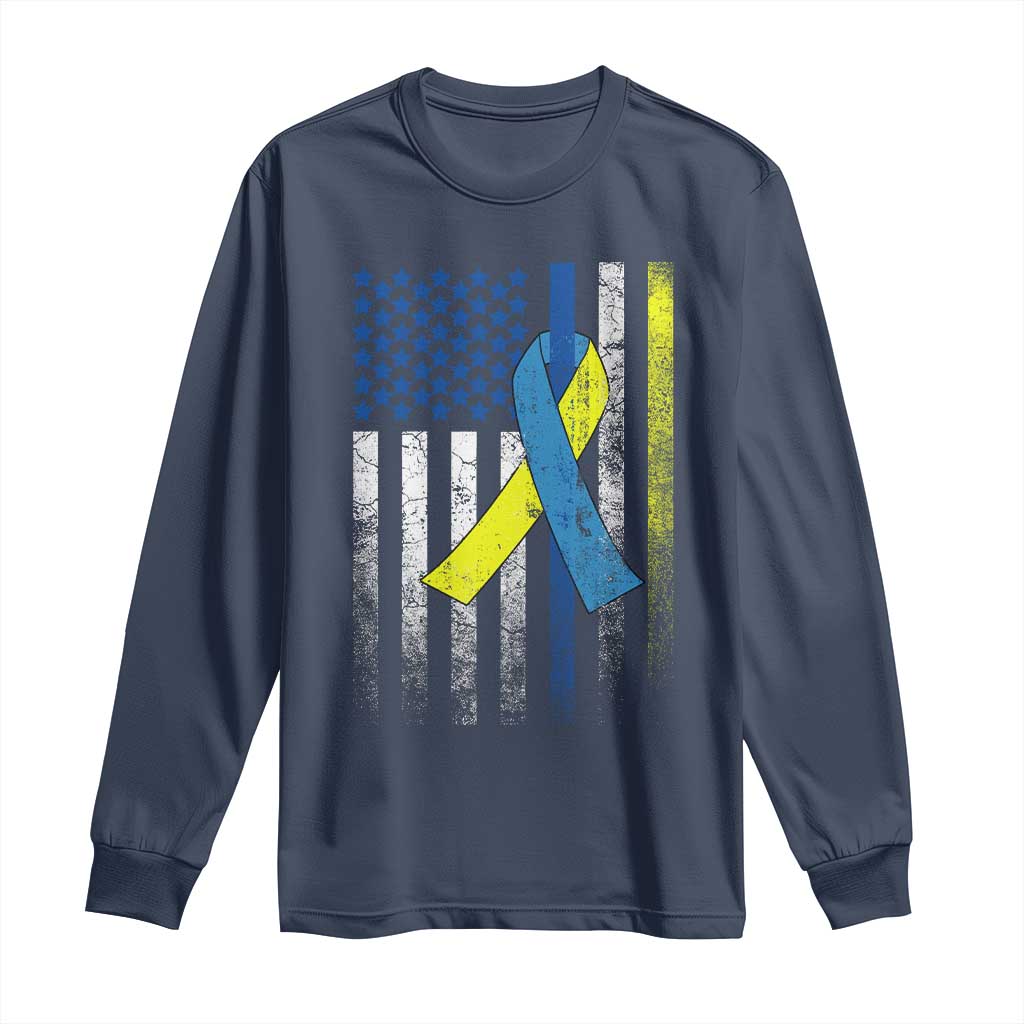 Down Syndrome Support Vintage American Flag Long Sleeve Shirt