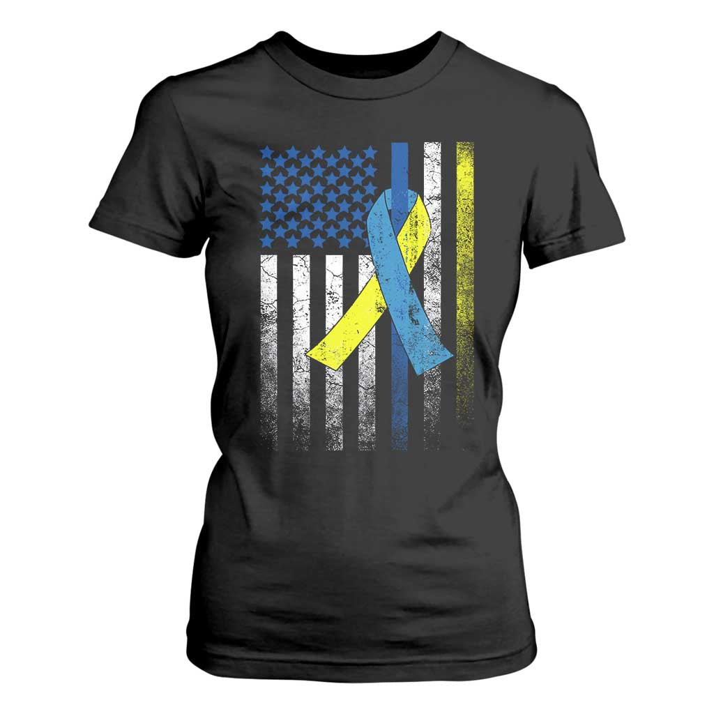Down Syndrome Support Vintage American Flag T Shirt For Women