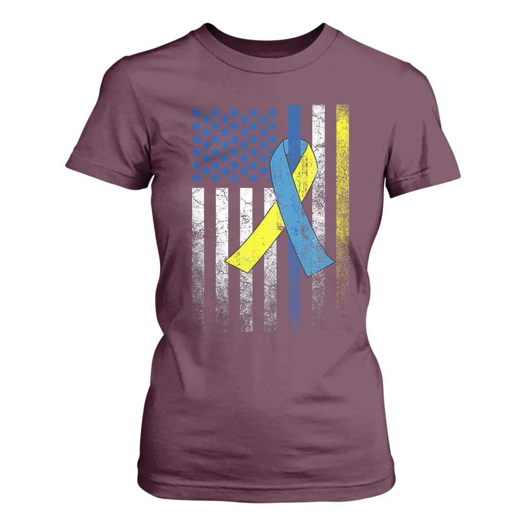 Down Syndrome Support Vintage American Flag T Shirt For Women