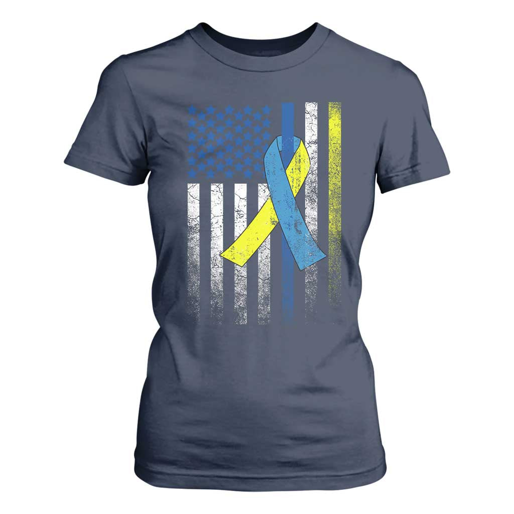 Down Syndrome Support Vintage American Flag T Shirt For Women